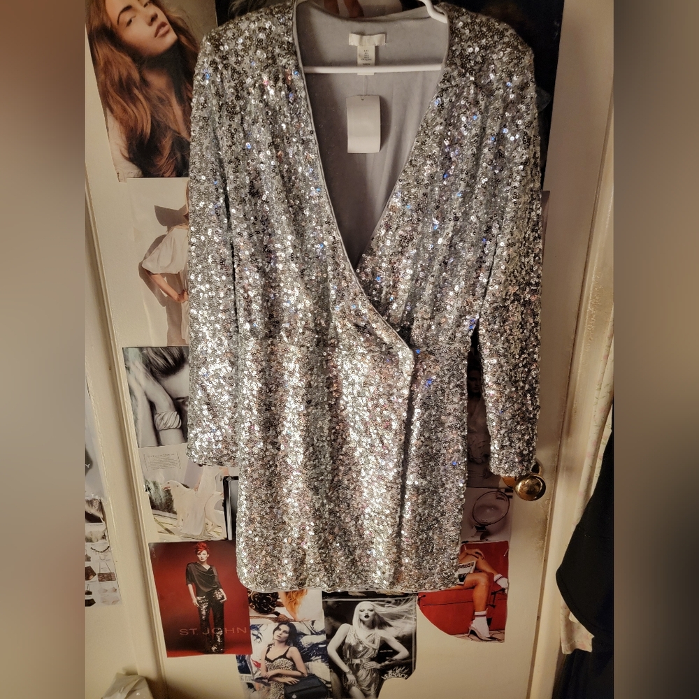Large(NWT) H&M silver sequin wraparound dress